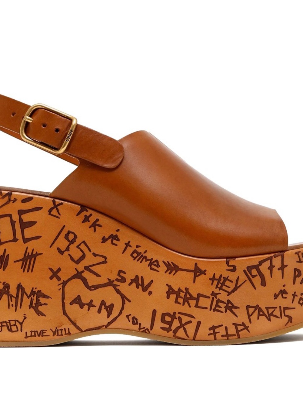 Chloe 130mm Maxime wedge sandals 
Tan Leather Platform Slingback with Graffiti